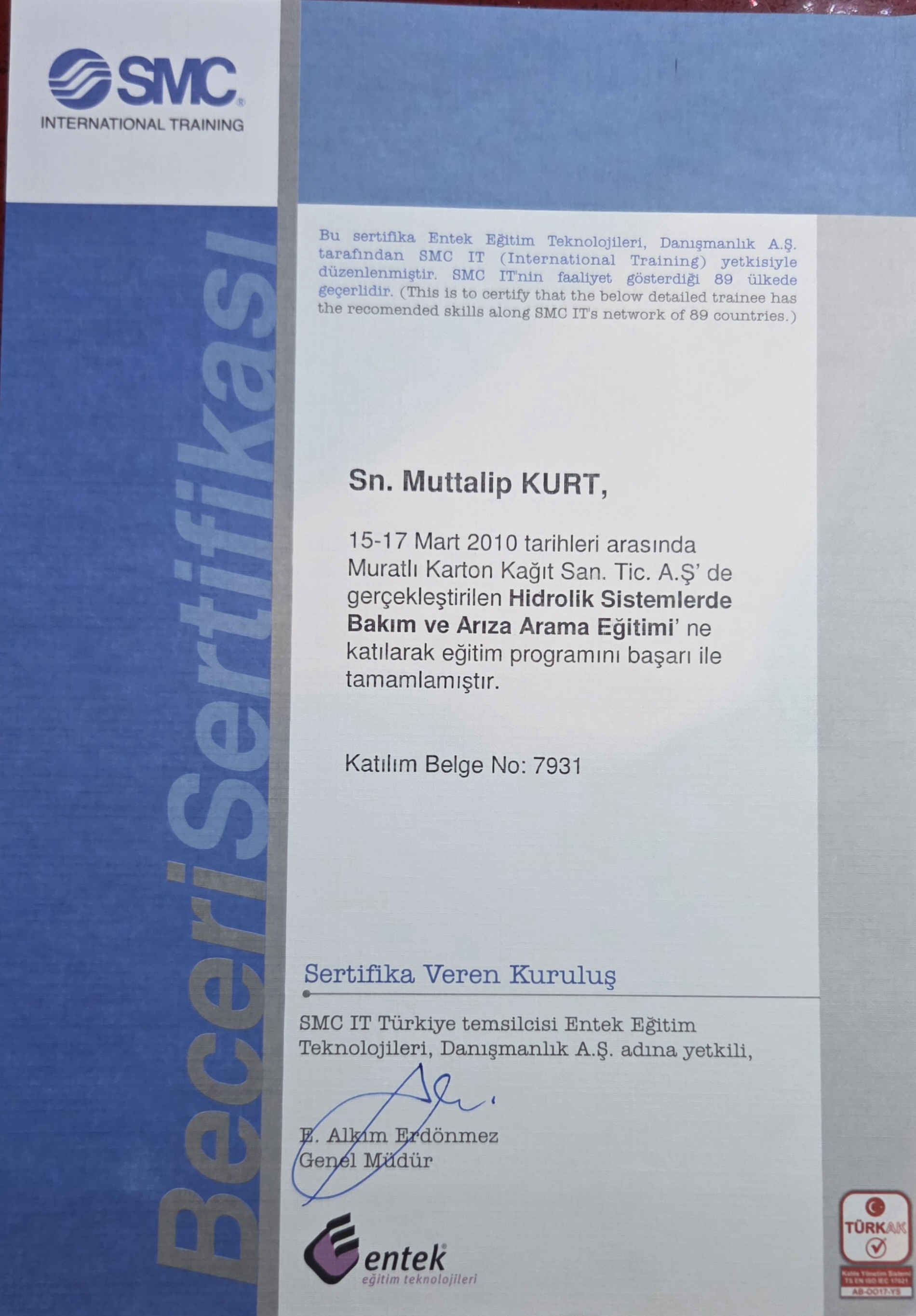 Hidrolik Sistemlerde Bakım ve Arıza arama sertifikası