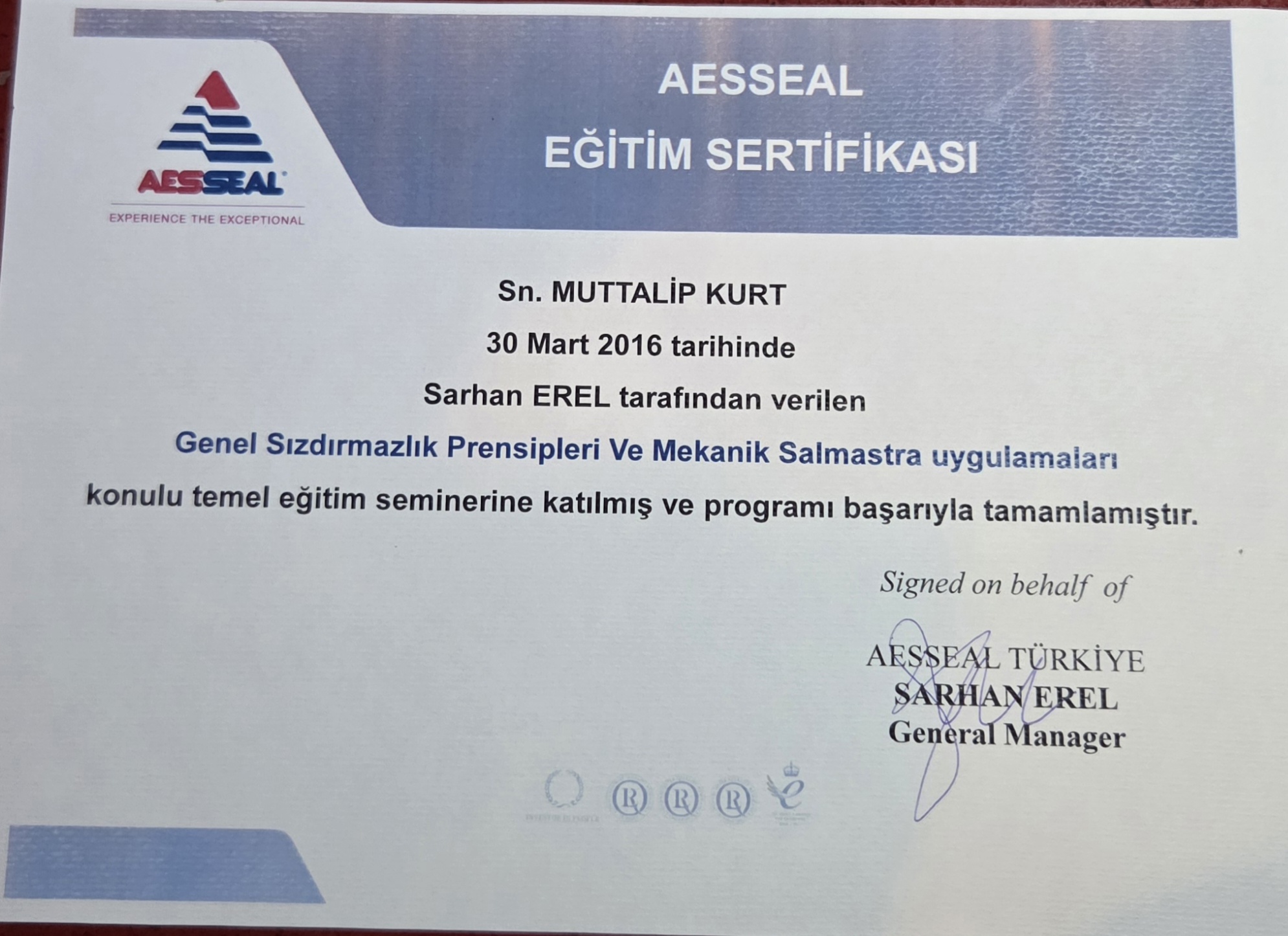 Aesseal Eğitim Sertifikası